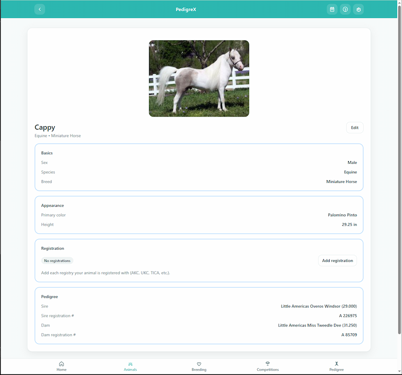 PedigreX Animal details screen