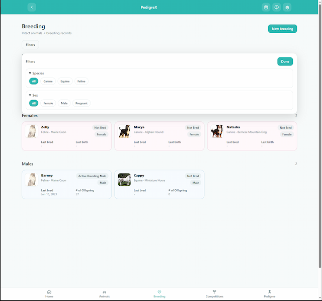 PedigreX Breeding filters