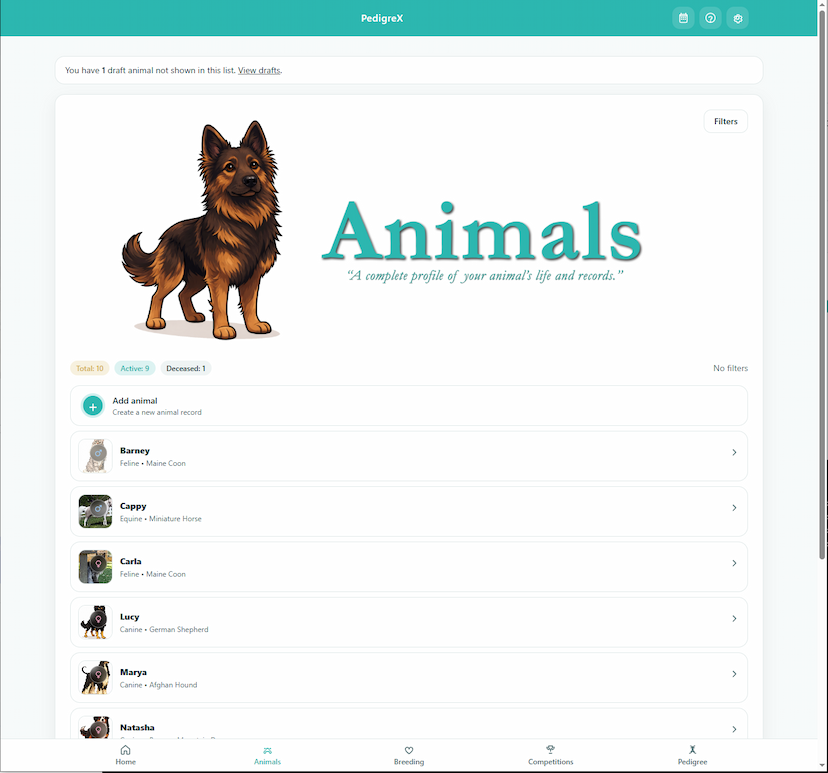 PedigreX List view layout