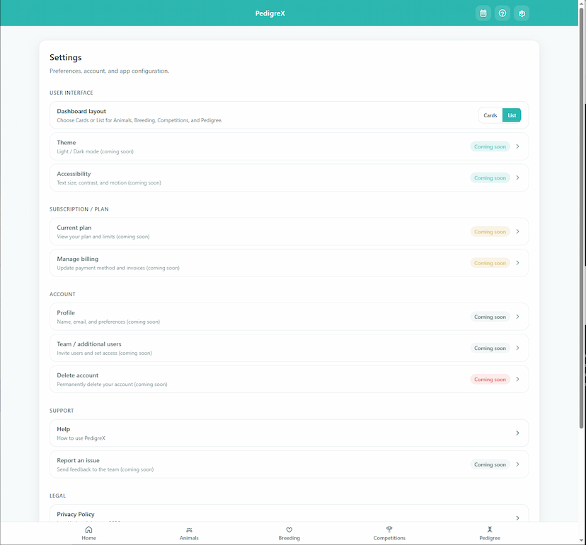 PedigreX Settings page